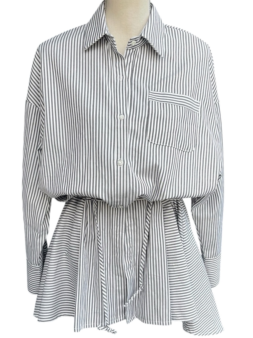 BEIGE Grey/White Striped Button Front Cinch Waist Hi-Lo Asymmetrical Shirt (L)